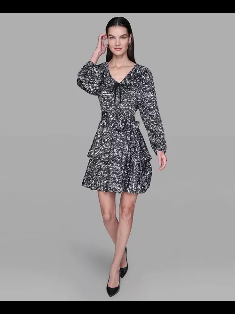 KARL LAGERFELD PARIS Printed Satin Ruffle V-Neck Dress Black White Size 6